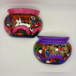Talavera Style Wall Pockets Set of 2 Mexican Folk Art Ceramic Wall Vases